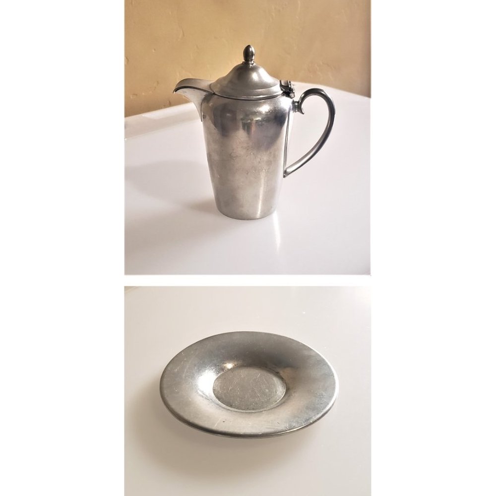 Vintage Pewter Lidded Syrup Pitcher and Drip Saucer